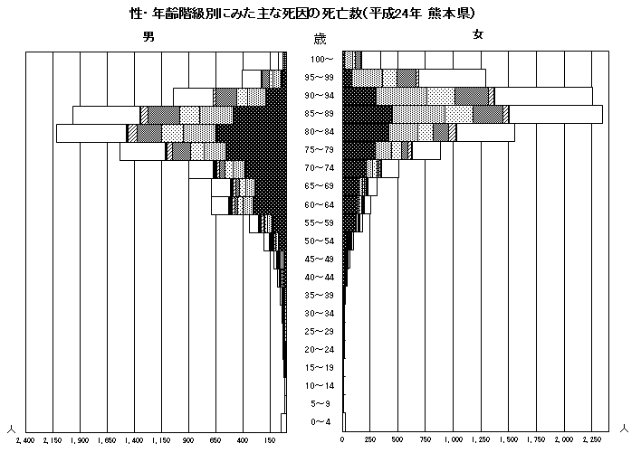 性・年齢階級別にみた主な死因の死亡数（平成24年熊本県）