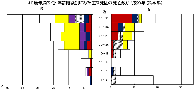 40歳未満の性・年齢階級別にみた主な死因の死亡数（平成29年　熊本県）