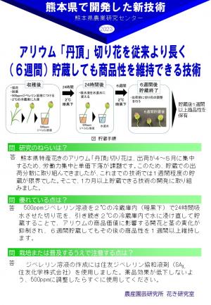 「アリウム「丹頂」切り花を従来より長く （６週間）貯蔵しても商品性を維持できる技術」のポスター