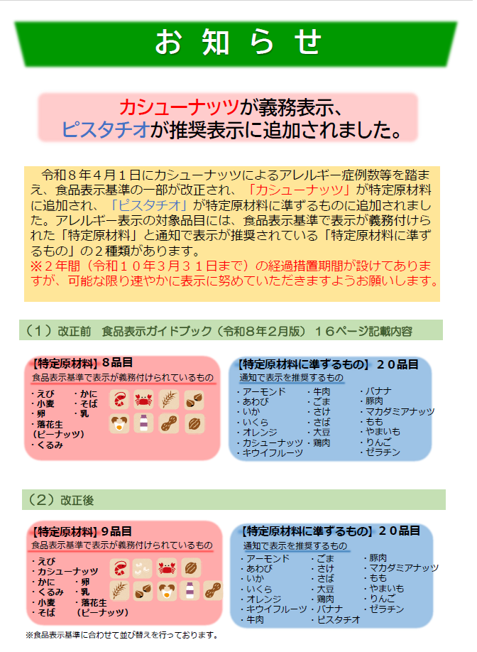 カシューナッツが義務表示、ピスタチオが推奨表示に追加されました
