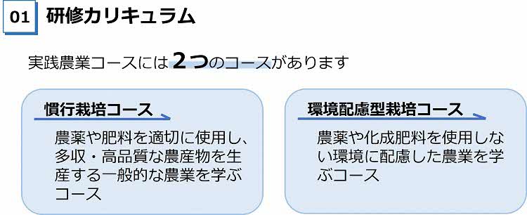 クラス選択　　2つクラスがあり、1つは慣行栽培クラスで、農薬・肥料を使う一般的な農業を学ぶクラス。2つめは、農薬や化学肥料を用いない農業を学ぶクラス（自然農法）
